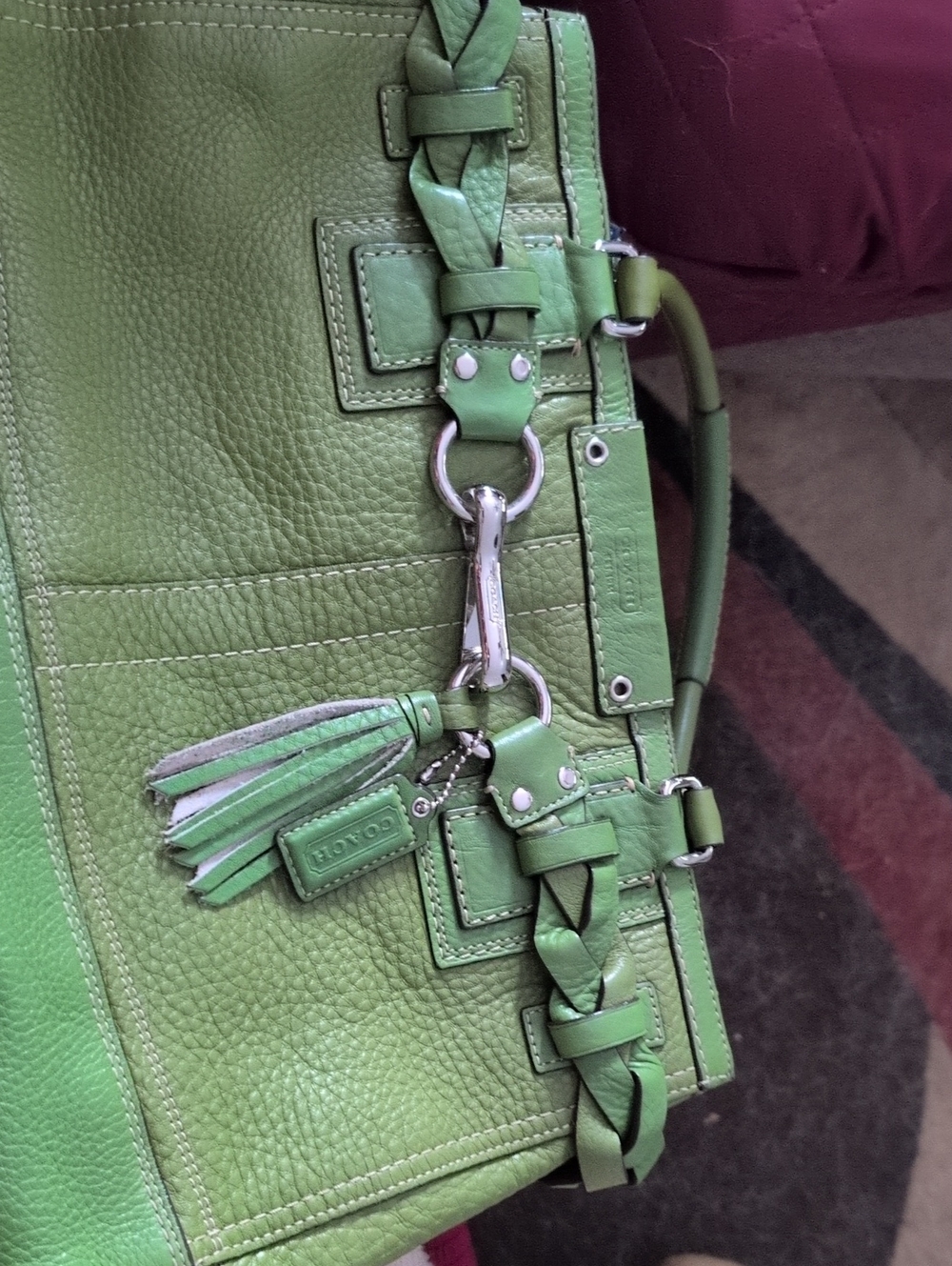 Coach Green Leather Shoulder Tote with Braided Strap and Tassel